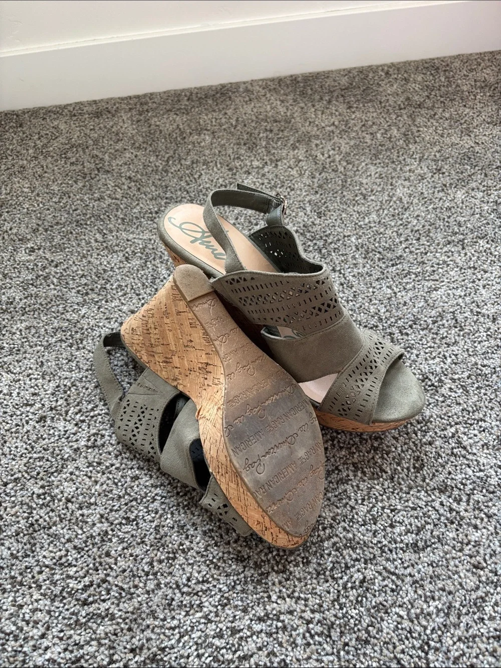 American Rag Olive Green Laser-Cut Cork Wedge Sandals